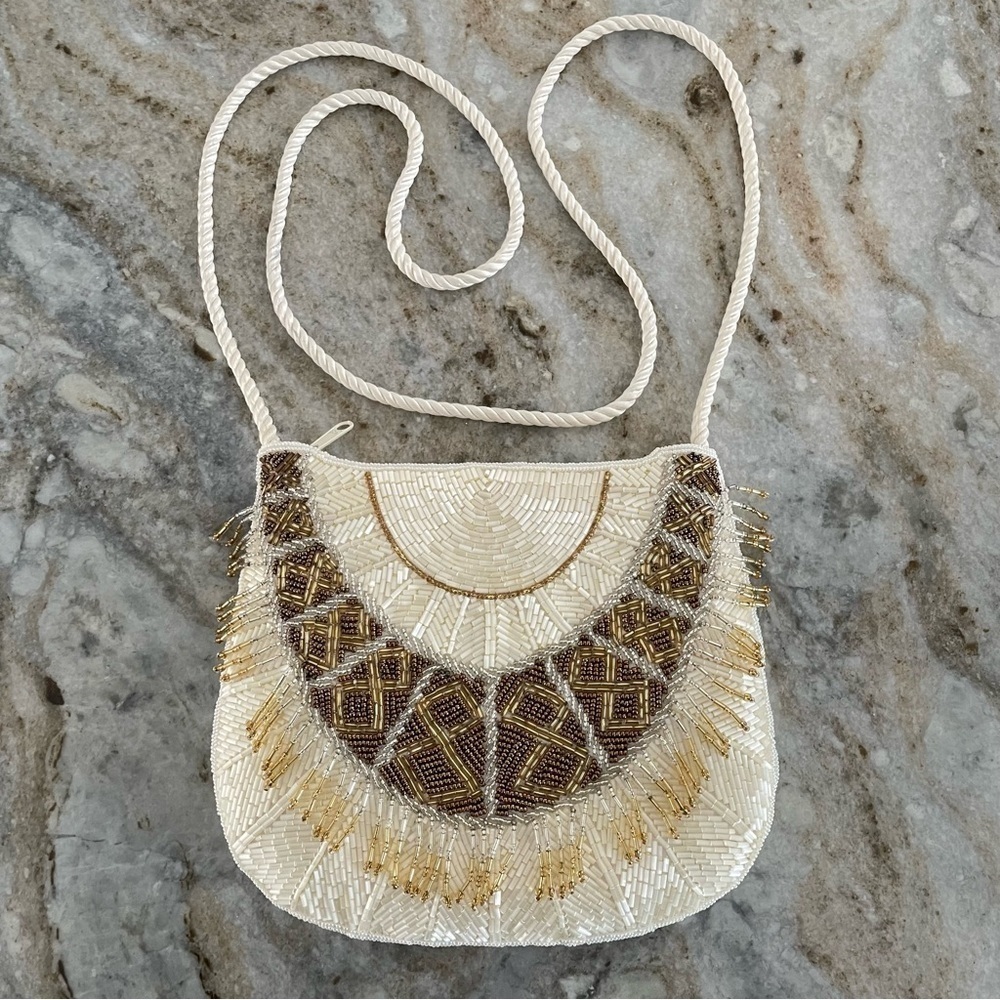 Vintage Nina Ricci Paris Glamorous White & Gold Bead Fringe Evening Purse